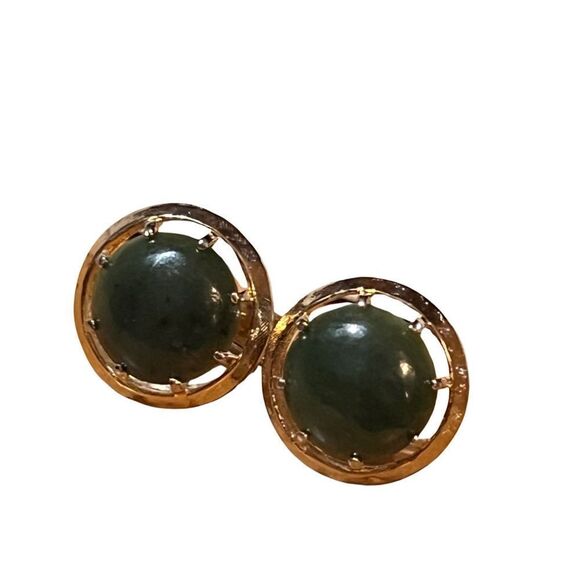 Mid-Century Gold & Green Stone Jade Cuff Links Men’s Accessories - Picture 2 of 6